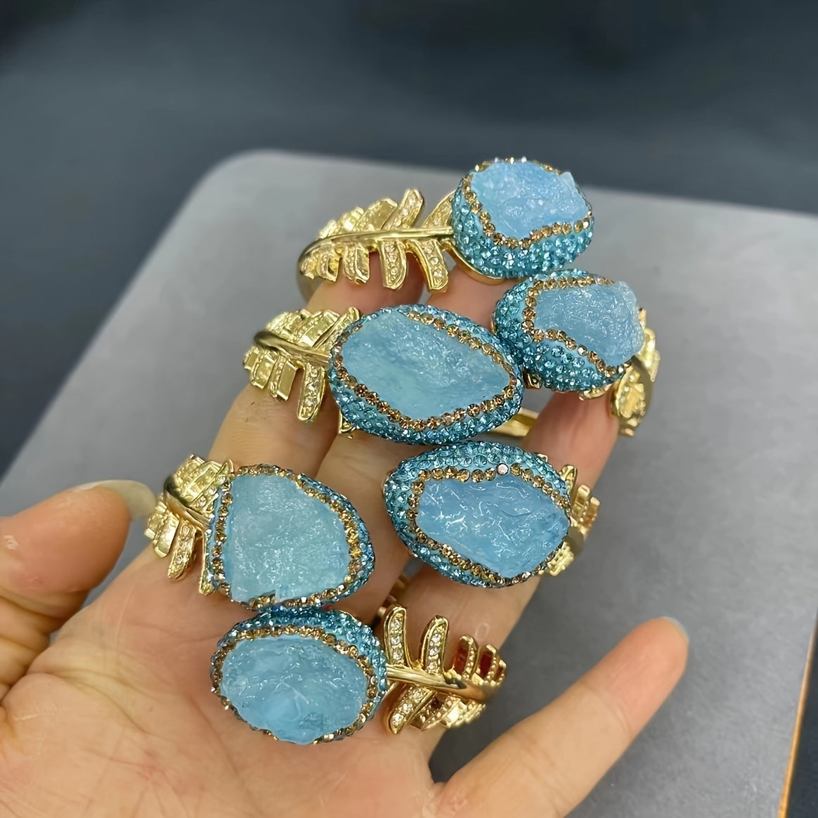 Gold Plated Aquamarine Raw Stone Bracelets featuring Bohemian & Minimalist Style, with Clay Inlay and Adjustable Leaf Design. Perfect Gift for a Delicate Female.