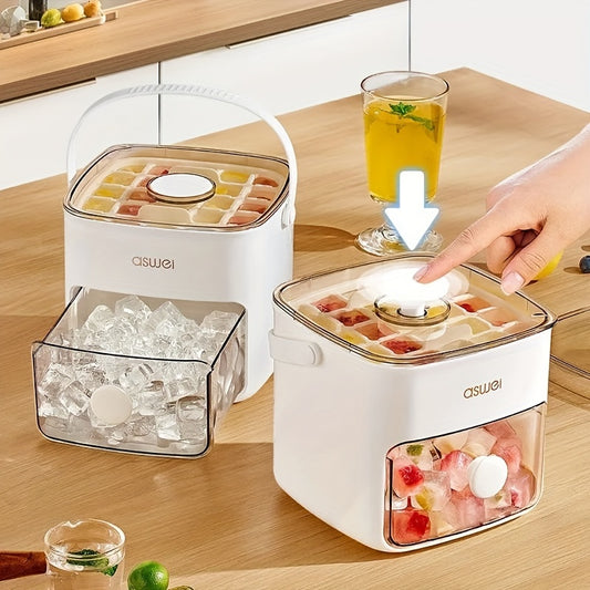 48-cube ice maker with press lid, double-layer plastic tray for freezer, ideal for whiskey & cocktails, essential kitchen tool.