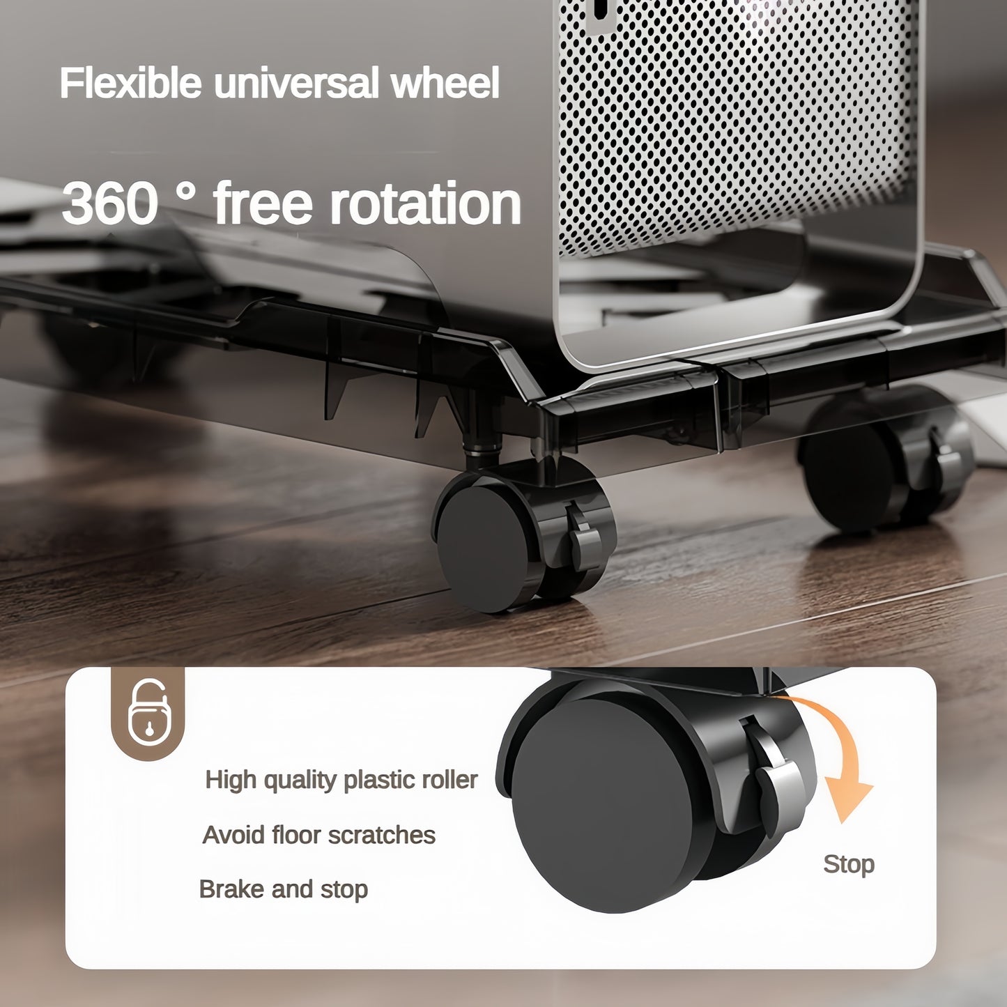 ABS Desktop Computer Tower Stand with Rolling Wheels and Adjustable Mobile CPU Holder, ideal for home office use.