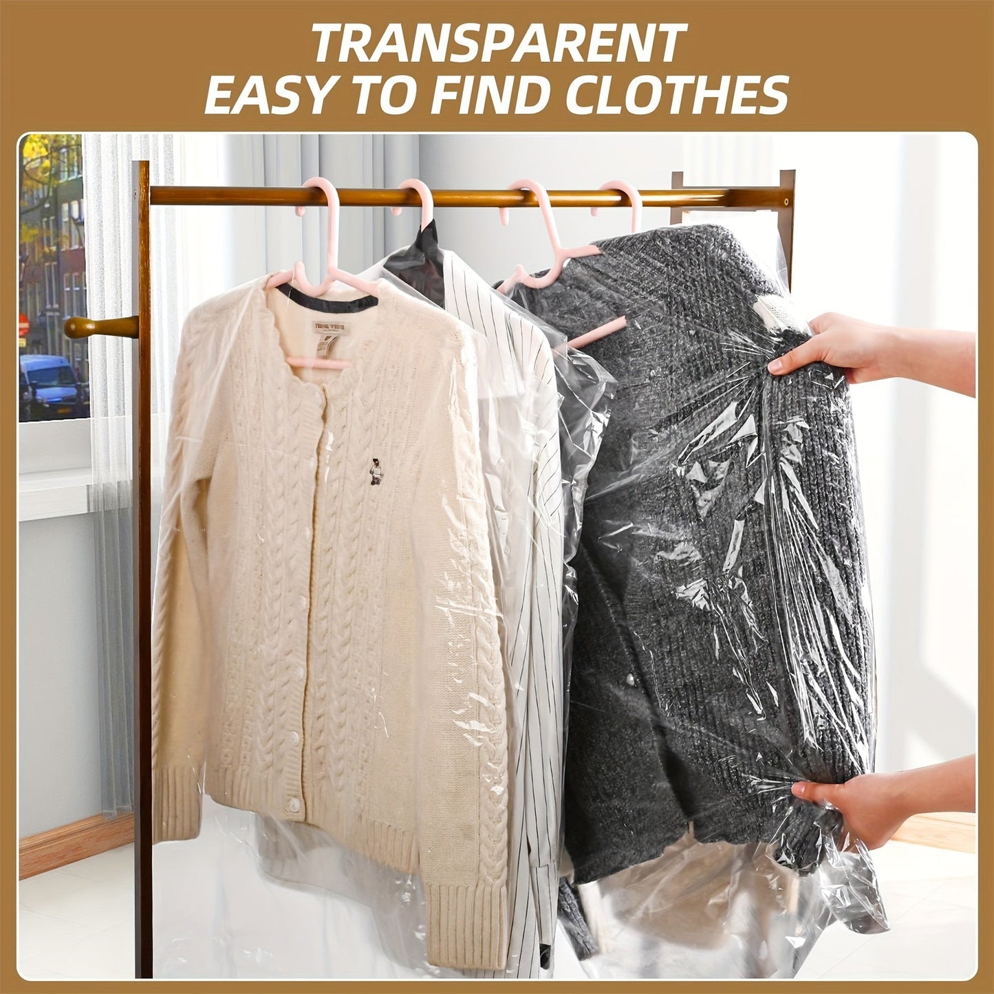 50 out of 50 pieces of clear plastic garment bags for dry cleaning, measuring 59.94 X 89.92 cm, to protect clothing from dust and provide a dustproof cover.