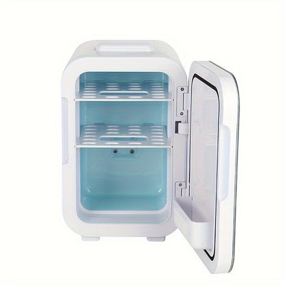 8L dual-use small refrigerator for car and home, with beauty makeup function and glass panel for refrigeration and heat conversion.