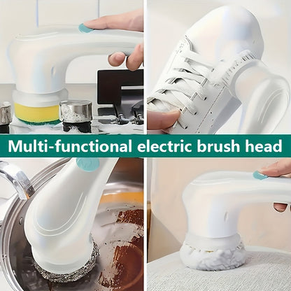 A household cleaning tool set featuring a rechargeable electric brush with 5 interchangeable heads. This multi-functional handheld brush offers USB charging, medium hardness, and is ideal for use in the bathroom, kitchen, bedroom, living room, and