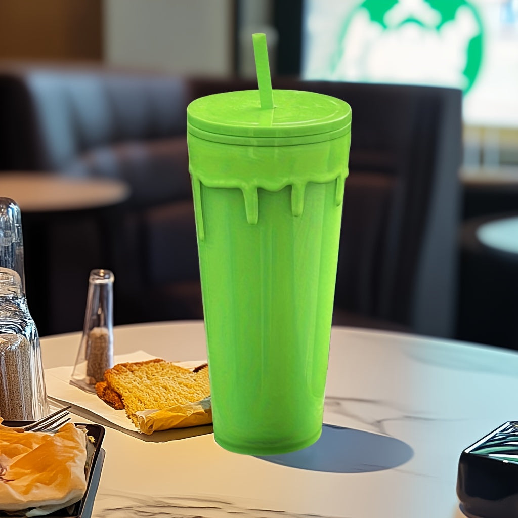 24oz Glow-in-the-Dark Reusable Tumbler with Lid & Straw, Double Wall Insulated BPA-Free Plastic, Vibrant Green for Cold Drinks, Gifts, Travel, and Recyclable.