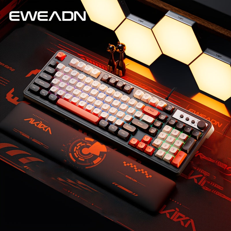 EWEADN Gaming Keyboard with rainbow backlighting and ergonomic design for gamers and office use. Features multimedia knob, ball keycaps, and compatibility with Windows and laptops.