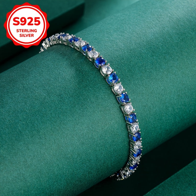 Women's Tennis Bracelet in 925 Sterling Silver with Blue & White Synthetic Cubic Zirconia Stones, Stylish Hip-Hop Design, Lightweight 8g, Perfect for October Birthdays, Versatile Piece for Daily and Party Wear All Year Round