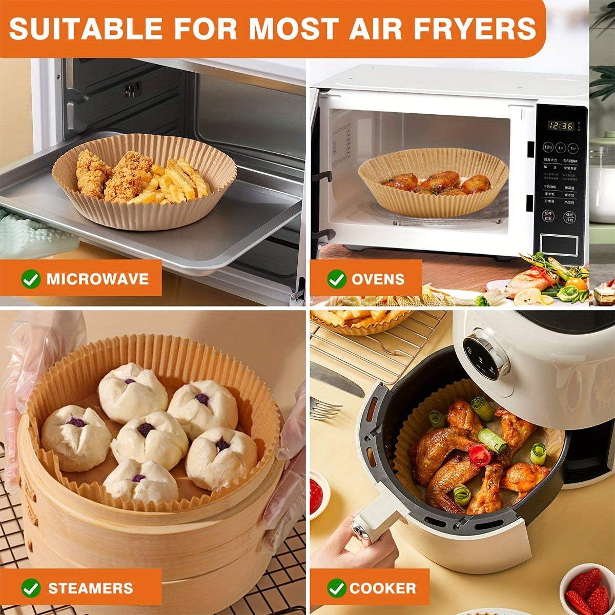 Disposable paper liners for air fryers, available in packs of 30, 50, or 100. These round liners are suitable for air fryers sized 2-8 quarts and are made of non-stick parchment paper. Perfect for frying, baking, cooking, and microwaving, these liners