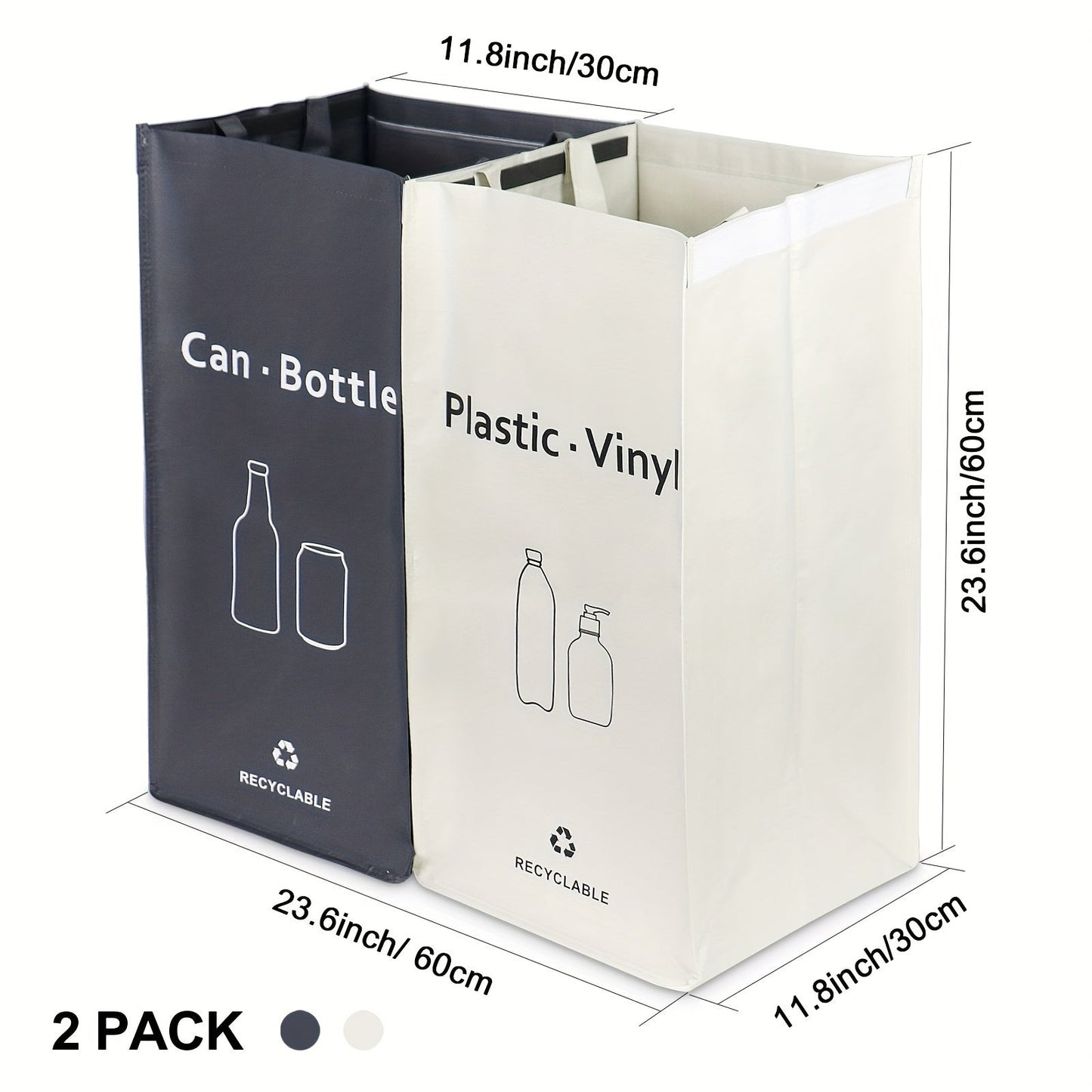 BOMEI PACK presents a set of 2 White and Gray Recycling Bags with Handles, perfect for sorting trash in your kitchen, home, or office. Each bag has a capacity of 105.99 liters and is made of heavy-duty waterproof woven material. These reusable bags are