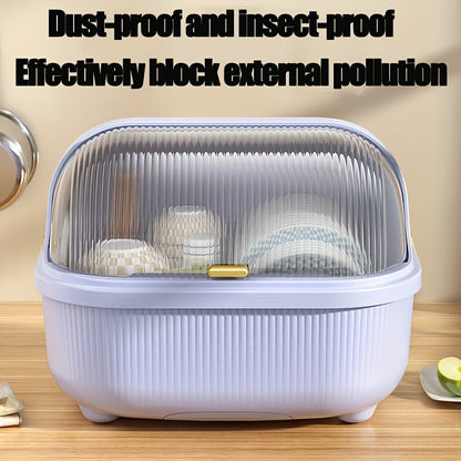 The Large Capacity Kitchen Storage Box is a covered plastic dish rack designed to keep dishes and utensils organized and protected from dust and insects. This drainer organizer container requires no electricity, making it a convenient and efficient