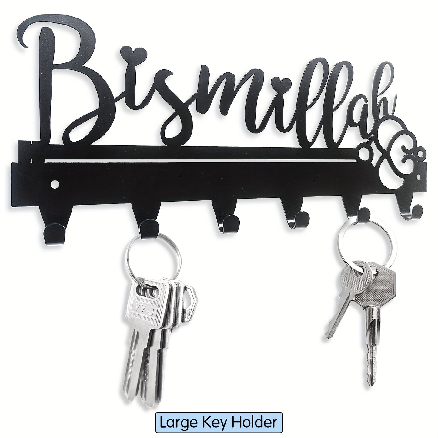 1-pc Bismillah Metal Key Holder: Black decorative wall-mounted key organizer for entryway and kitchen. Wall decor with key hooks, ideal for home and kitchen storage. Wall-mounted version