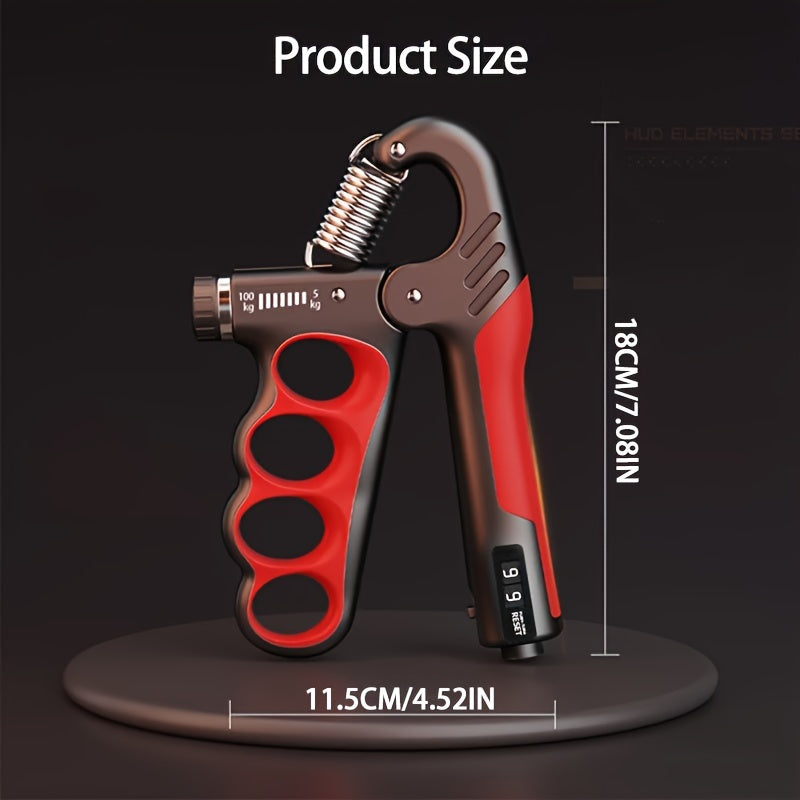 Hand grip strengthener with adjustable 5-100kg resistance and ergonomic design. Features double bold spring for fitness and rehabilitation training in orange/gray/red colors.