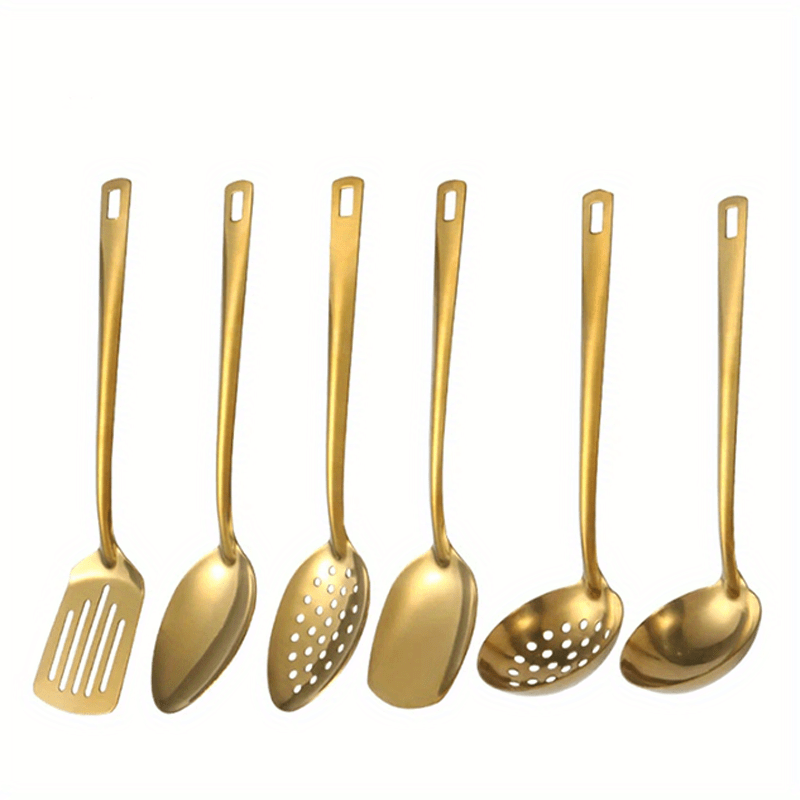 Gold-Plated Stainless Steel 6-piece Kitchen Utensil Set with Soup Spoon, Colander, Frying Shovel and More - Essential for Home Chefs