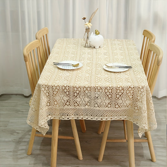 Vintage crochet tassel tablecloth with floral design, perfect for decorating long tables and dressing tables at weddings, family gatherings, and Christmas.