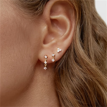 Set of 3 elegant and simple copper stud earrings featuring synthetic zirconia, perfect for everyday wear and gifts for women, each earring individually UV plated