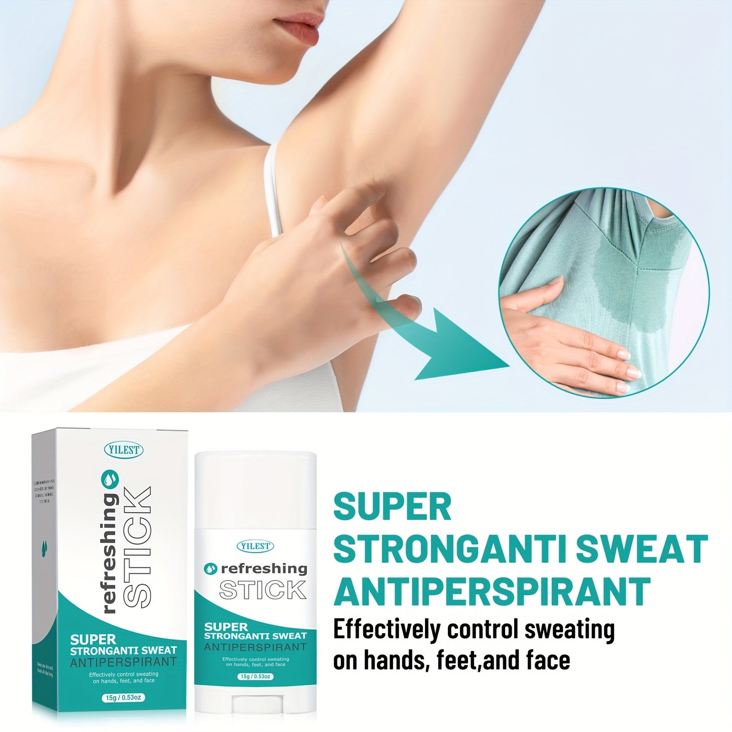 Yilest Super Strong Antiperspirant Stick controls sweat and neutralizes odors for daily use on hands, feet, face, and underarms.