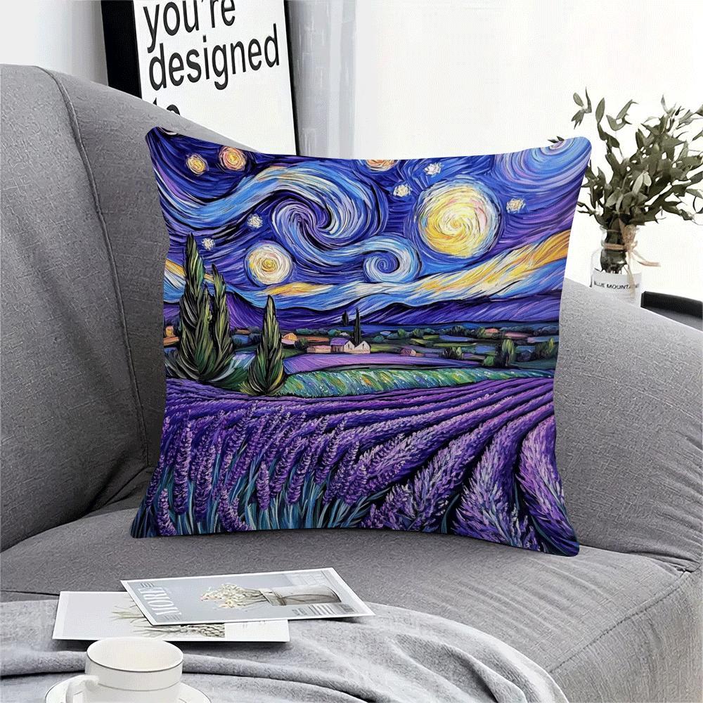 Modern flannel pillow cover featuring a starry night lavender design. This 45.72x45.72 cm cushion case is machine washable with a zippered closure, perfect for adding a touch of movie-themed decor to your sofa or bed. Suitable for back sleepers and ideal