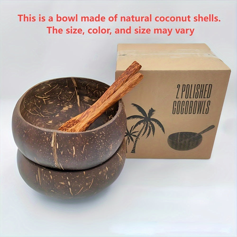 one set of 4: two coconut bowls, two wooden spoons, ideal for healthy vegetarian salads and ice cream, made from natural coconut.