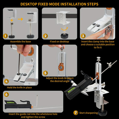 The RC-002A Professional Knife Sharpener System includes Whetstones, a Carry Case, and features a 360° Rotation Flip Design. It also includes a Fixed-Angle Stainless Steel Kitchen Chef Knife Sharpening Kit and Abrasive Holding System Tools.