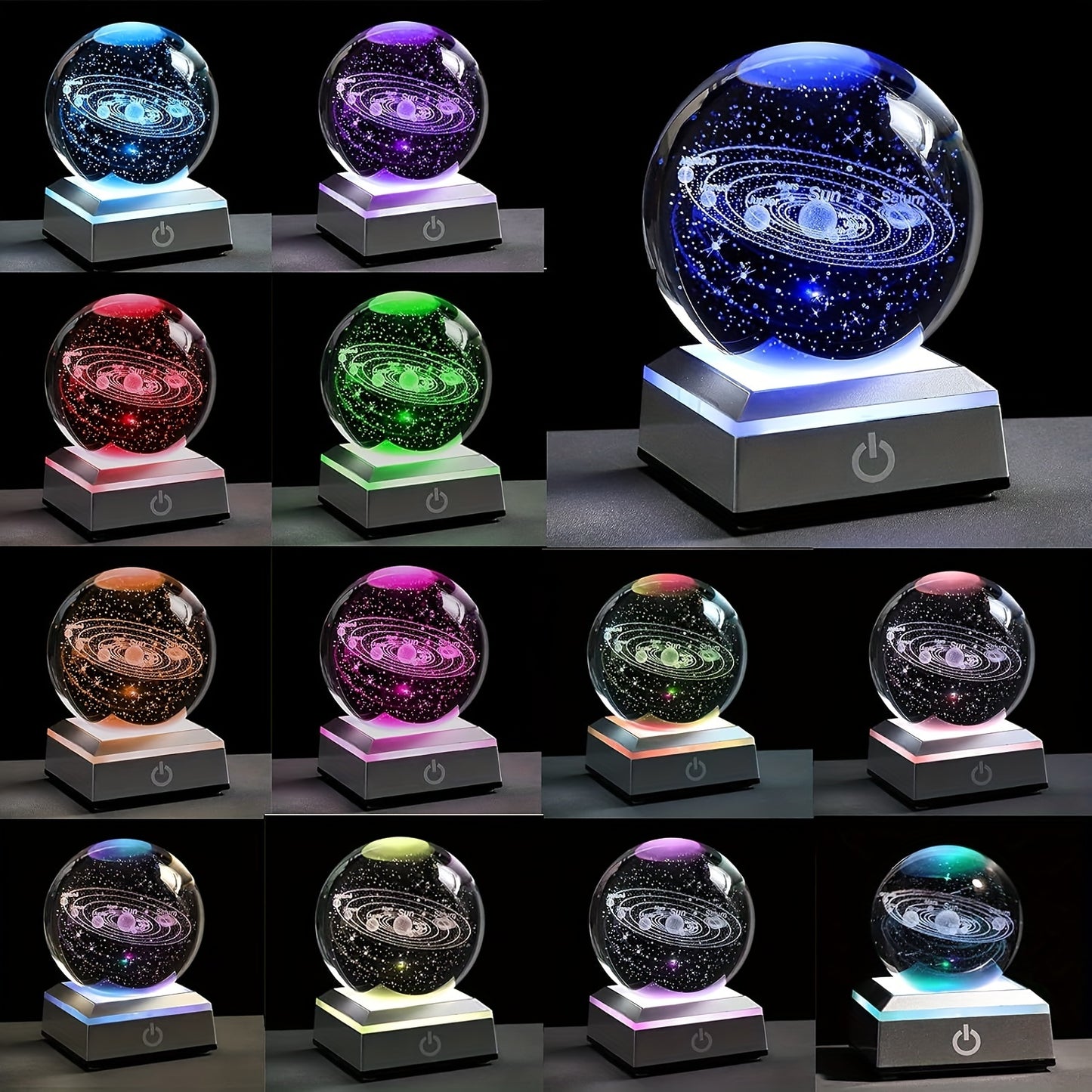 USB rechargeable LED light base for 3D crystals, touch-sensitive color-changing display, compatible with glass, acrylic, and translucent materials, includes power cable. 6.81x6.81x2.87 cm.