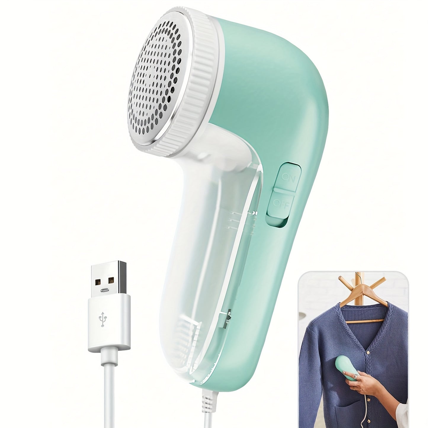 Portable fabric shaver powered by USB, ideal for clothes, bedding, and carpets. Removes lint balls and fluff effectively. Great gift for home cleaning.