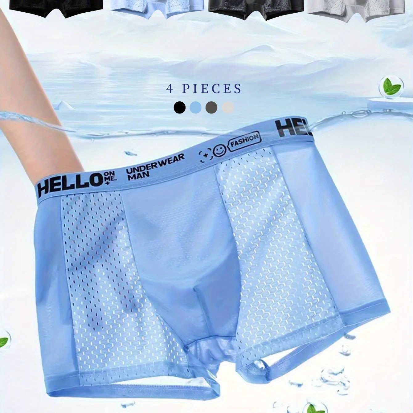 4-Pack HELLO Man Boxer Briefs in Sky Blue, Black, and Deep Gray. Made with 93% Polyester, 7% Spandex, breathable mesh trunks with contrast letter print.