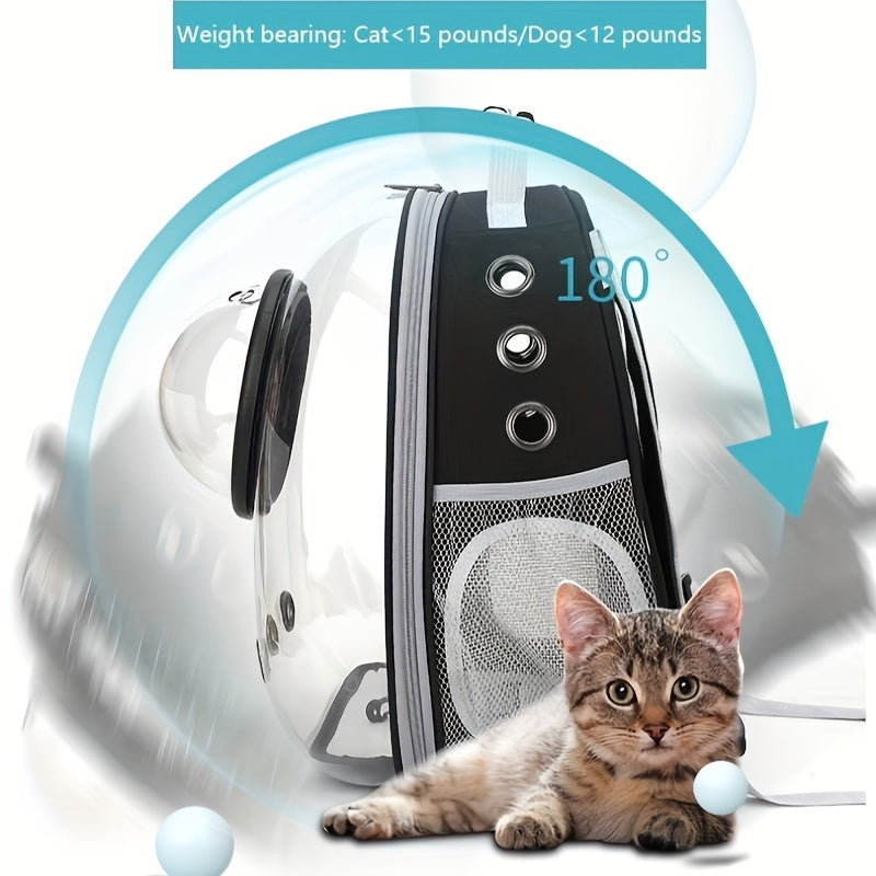 Transparent, breathable space capsule pet carrier backpack for hiking and travel.