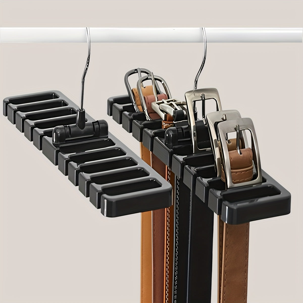 Multifunctional belt storage rack in a sleek black and white design, perfect for organizing ties, belts, clothes, scarves, and more.