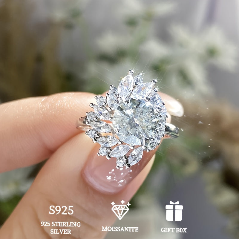 Luxurious Valentine's Day Wedding Engagement Gift - Beautiful and Hypoallergenic 925 Sterling Silver 2ct Edge Flower Ring for Her, Includes Moissanite Certificate and Elegant Gift Box