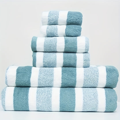 6-piece set of soft, quick-dry striped towels with high absorbency, ideal for home, hotel, spa, beach, gym, or yoga. Features a contemporary geometric space theme in knit fabric, weighing 280gsm.