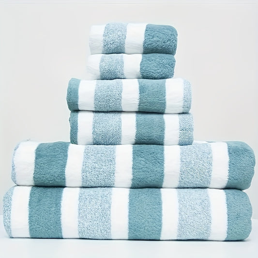 6-piece set of soft, quick-dry striped towels with high absorbency, ideal for home, hotel, spa, beach, gym, or yoga. Features a contemporary geometric space theme in knit fabric, weighing 280gsm.