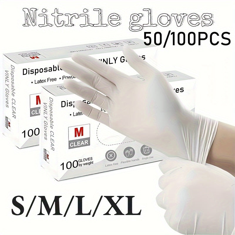 High quality household white gloves, suitable for food processing, hairdressing, beauty, home cleaning tools, and disposable apparel. Available in packs of 50 or 100 pieces. Made from durable nitrile material.