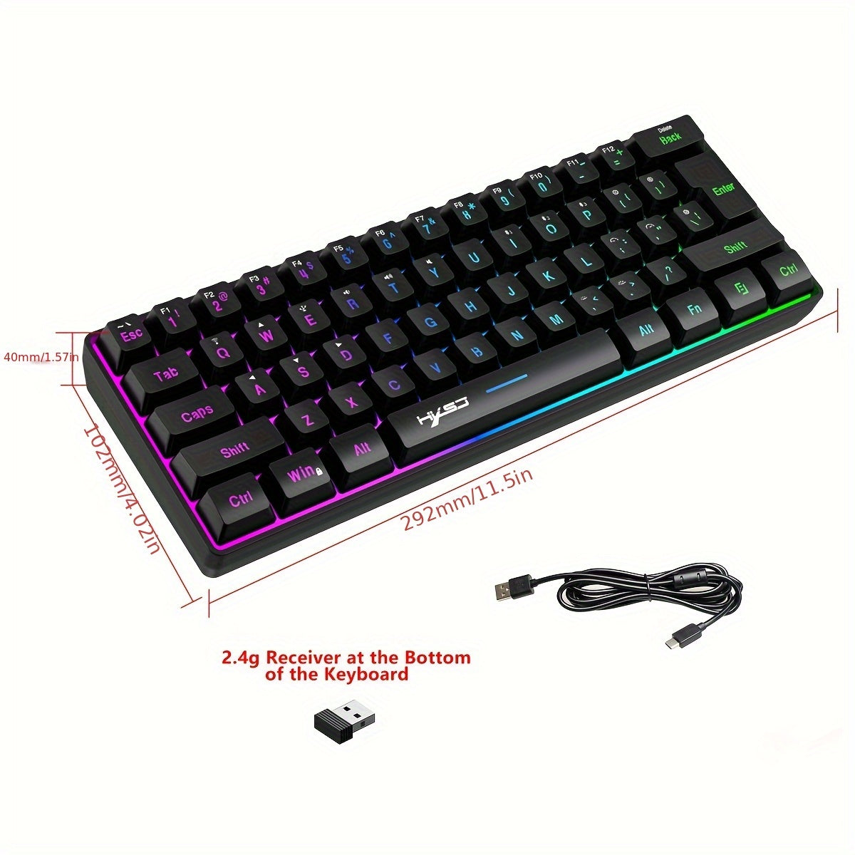 HXSJ Mini Wireless Gaming Keyboard with RGB Backlit and 61 keys for Office/Home Use.