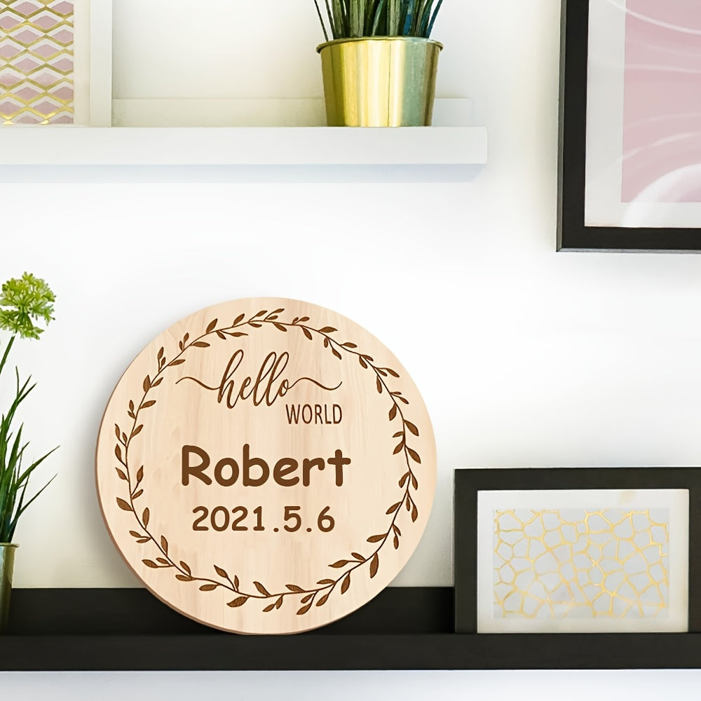 Customized Wooden "Hello World" Announcement Sign with the option for a Handprint or Footprint, a Round Birth Announcement Plaque for Photo Prop, and a Personalized Milestone Keepsake.