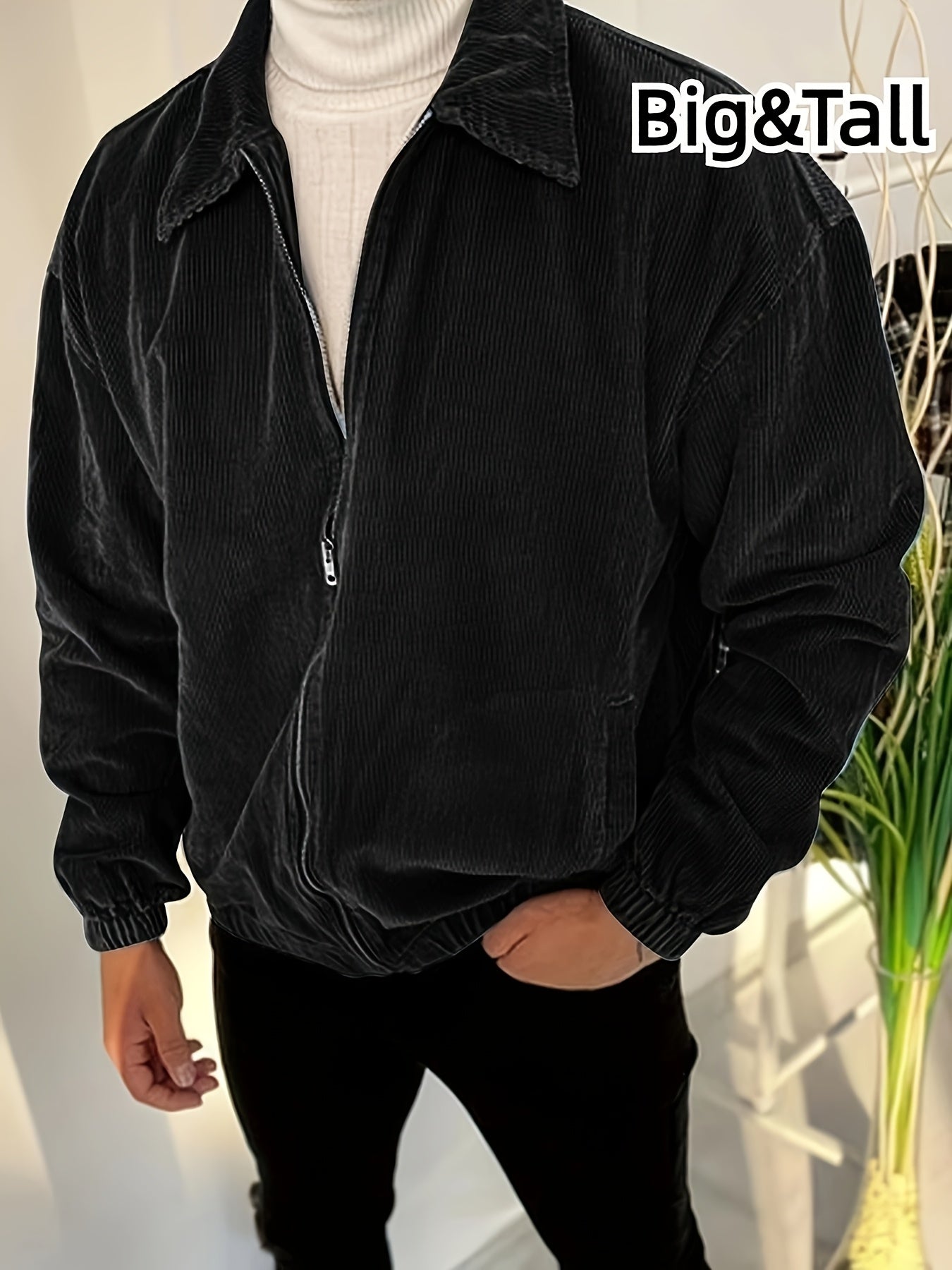 Solid black corduroy jacket for big & tall men, featuring collar, zip-up front, and pockets. Suitable for fall/winter travel, parties, and casual preppy style. Plus size.