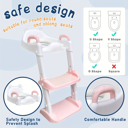 Children's Potty Training Seat with Step Ladder - Pink, Adjustable Height, Non-Slip, Safety Handles