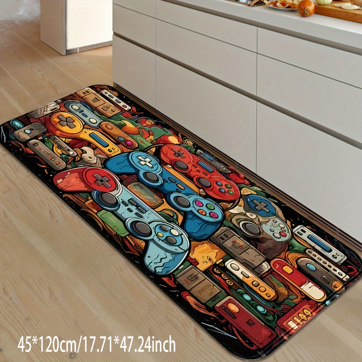 Kitchen and Bathroom Rug with Novelty Retro Gaming Controller Design, Ideal for Game Room, Non-Slip Door Mat for Bedroom Entry, Made of Machine-Durable Polyester with Medium Pile, Hand Washable - Available in Multiple Sizes