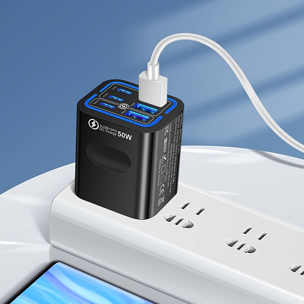 GUSEYEE 50W 6-Port USB C Quick Charger for iPhone and Samsung phones.