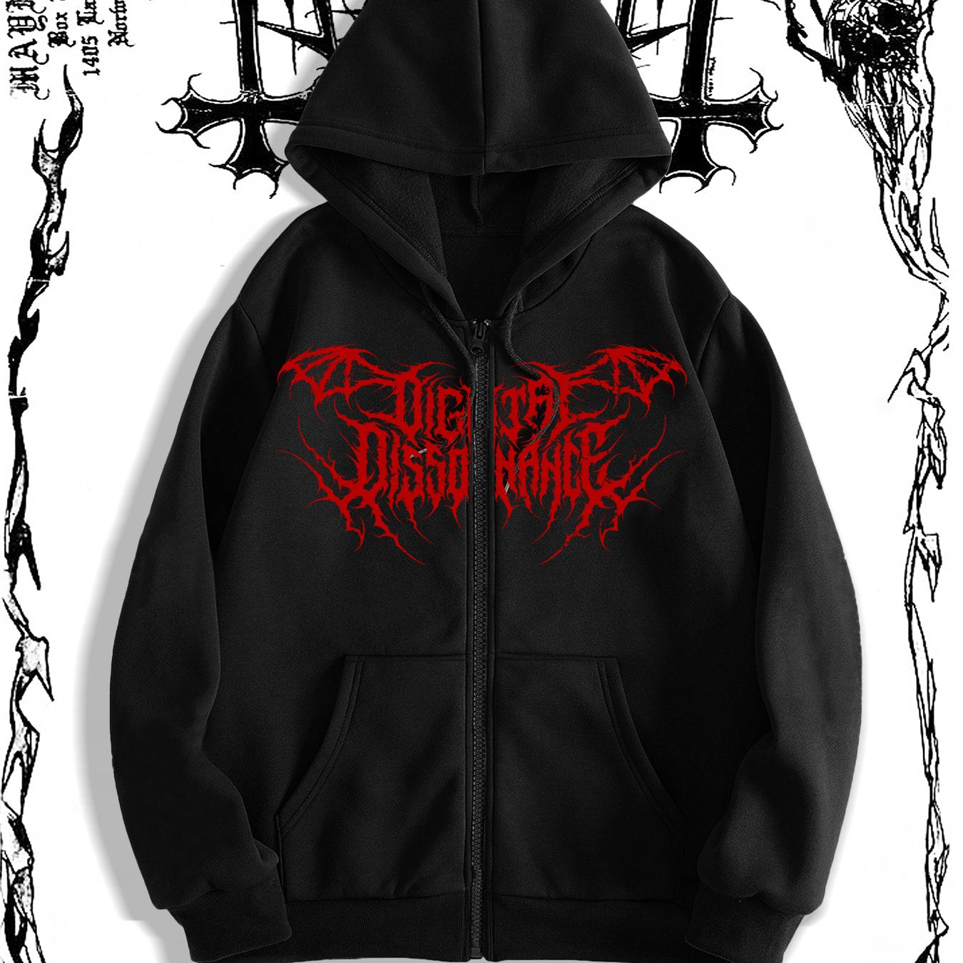 Men's Gothic Dark Print Hooded Sweatshirt with Zipper, Regular Fit, Fall/Winter Collection, 250g/m² Fabric Weight.