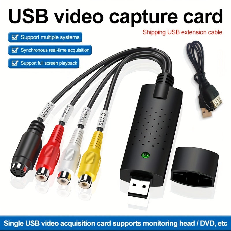 USB video capture card converts RCA to HD 720P for VHS, VCR, Hi8, DV tapes. Works with PC & Mac, PAL/NTSC compatible.