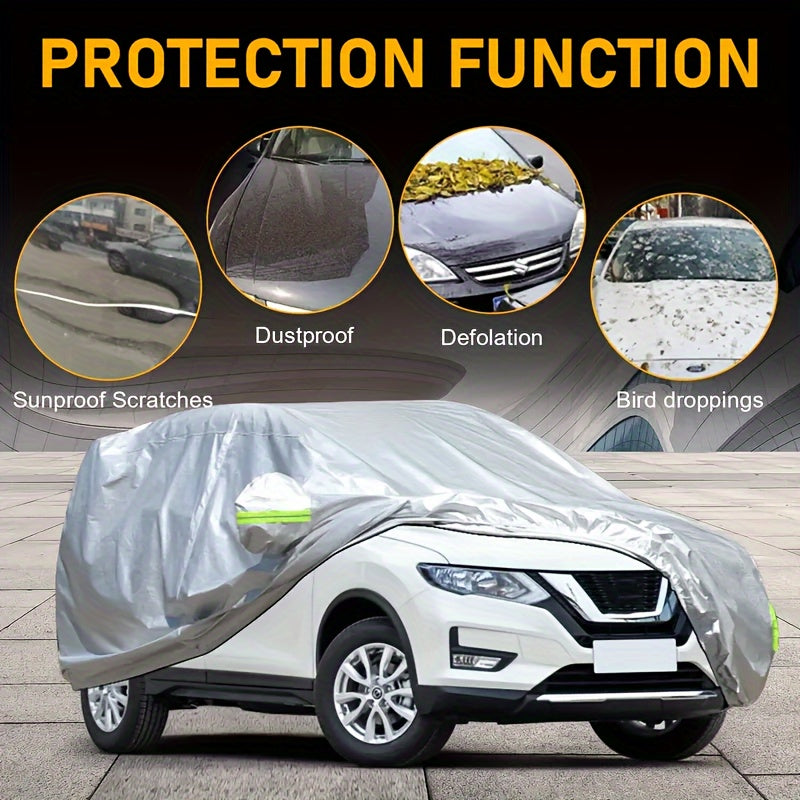 Car cover with UV and dust protection, suitable for cars, pickups, SUVs, and hatchbacks. Features reflective strip for added protection. Suitable for outdoor use.