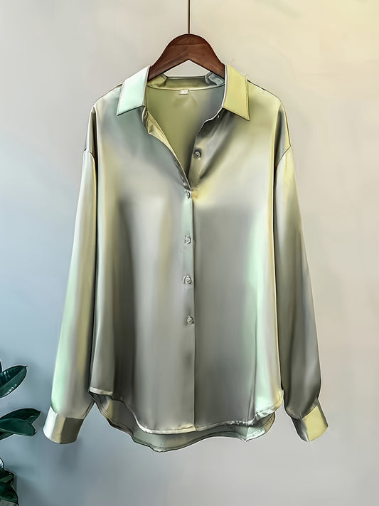 Women's Solid Color Button Front Shirt, Casual Long Sleeve Blouse perfect for Spring and Fall styling.