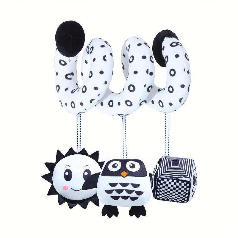 Black and white baby hanging toys with animal-themed designs, perfect for decorating strollers and car seats. These plush spiral toys are ideal for entertaining babies while traveling. Choose from bee, owl, or beetle styles.