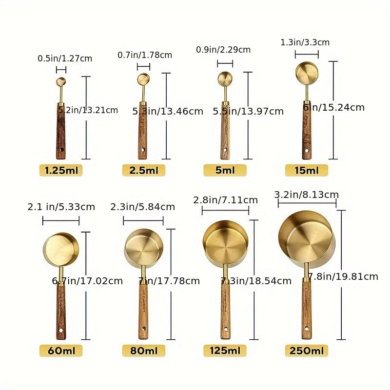 Set of 4 or 8 Stainless Steel Measuring Cups and Spoons with Wooden Handles - Ideal for Measuring Dry and Liquid Ingredients, Seasoning, Coffee, and Baking Essentials