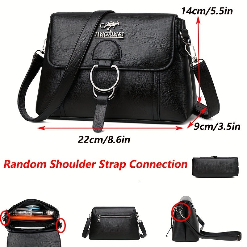 Chic retro synthetic leather women's crossbody bag with metal logo, multiple pockets, anti-theft zipper closure, and detachable strap. Ideal for work, travel, cycling, and shopping.