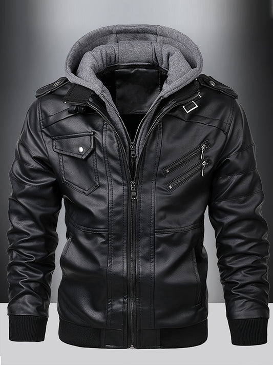 Men's Casual Hooded PU Leather Jacket in Warm Brown with Multiple Pockets, Loose Fit for Fall/Winter.