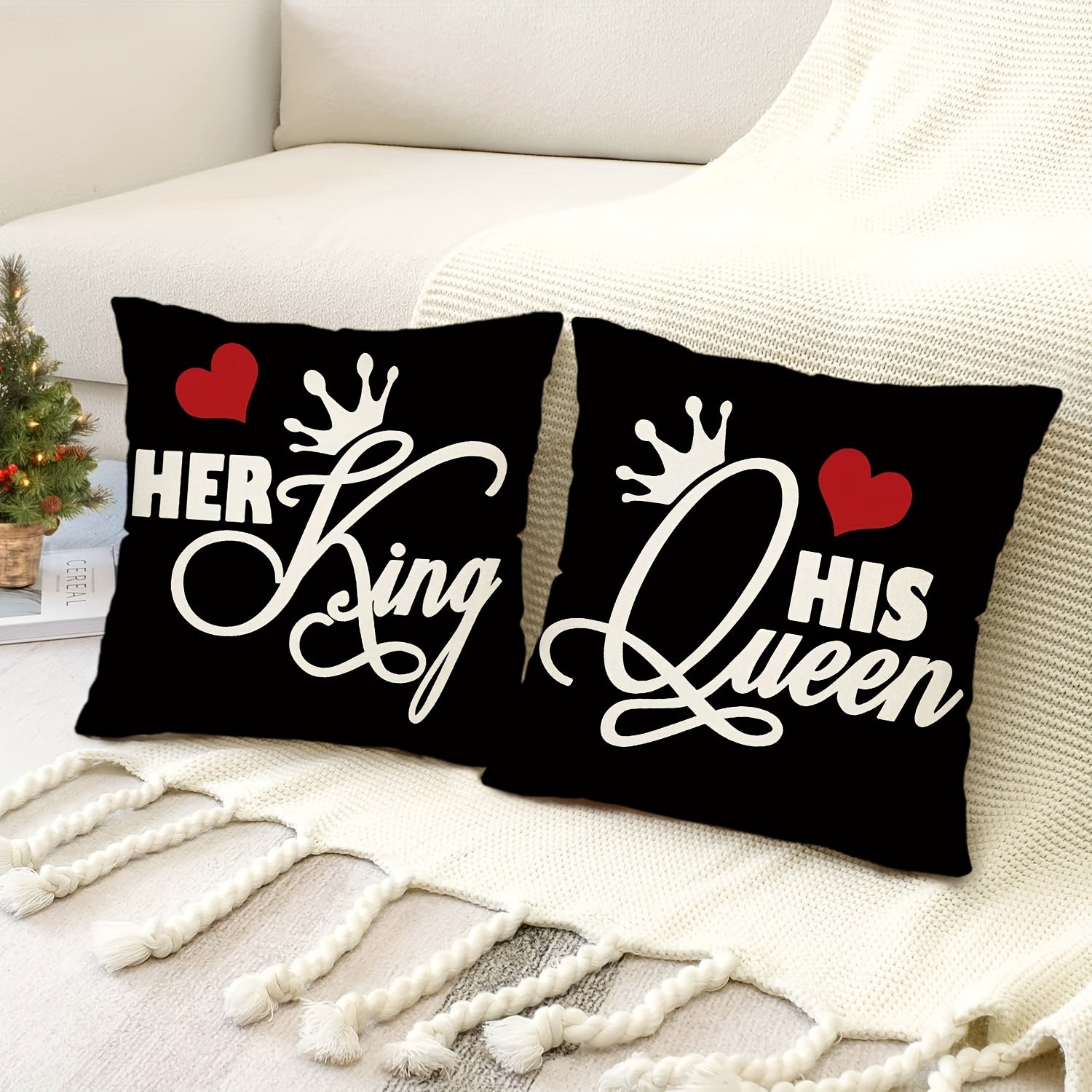 Set of 2 Lover's Throw Pillow Covers with Hearts and Crowns, Valentine's Day and Anniversary Gifts, Home Decor for Couch, Sofa, Living Room, Bedroom, 44.96*44.96cm each, Pillow Inserts not included