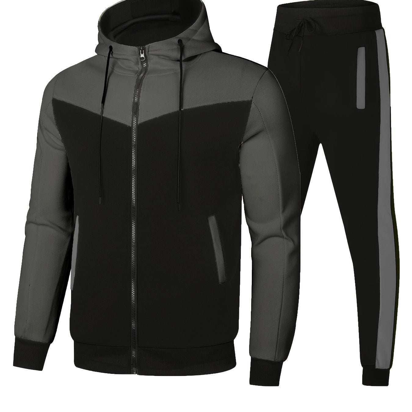 Men's athletic two-piece set: zip-up hoodie with drawstring waistband and matching joggers made of breathable polyester. Casual sportswear for spring and fall.