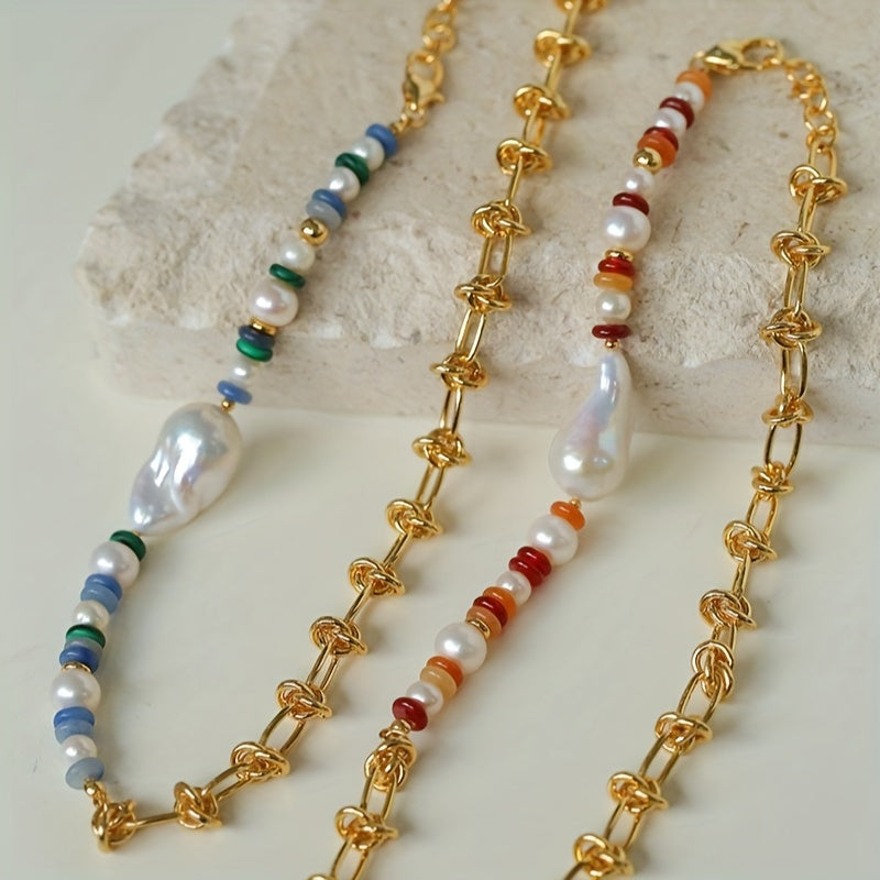 Casual yet stylish handcrafted beaded necklace featuring freshwater pearls and a colorful twist chain - ideal for both everyday wear and gifting.