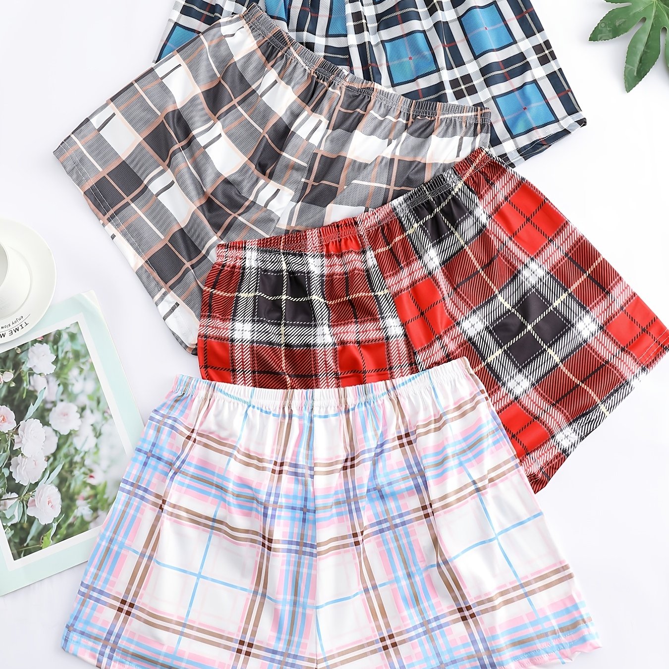 4 plaid print lounge shorts with elastic waist for women's sleepwear and loungewear.