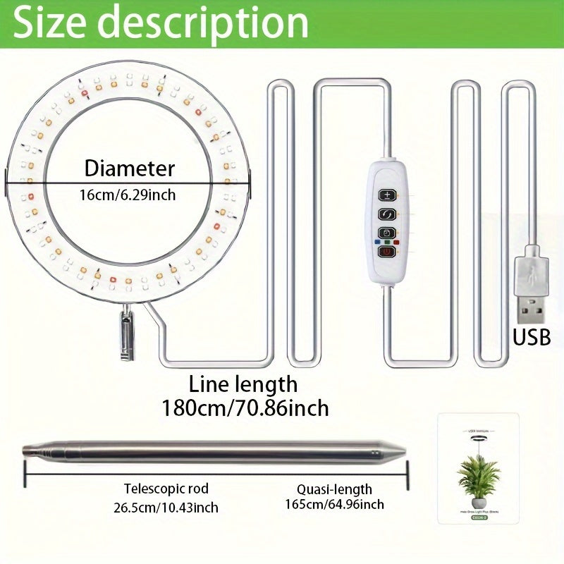 Adjustable USB-powered LED indoor plant growth lamp with automatic timer (3/9/12H settings) and adjustable height of 165.0 cm.