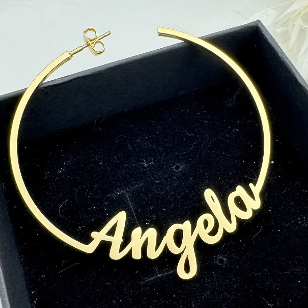 Engraved Stainless Steel Hoop Earrings with Custom Name - Boho-Chic Design, Ideal for Mom & Special Events, Unique Gift Option, Pendant Earrings, Bohemian Flair, Elegant Finish, Festive Touch.